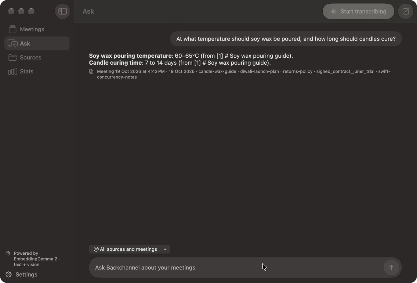 The Ask page: a question about soy wax pouring temperature answered from an imported guide, with the meeting and sources it drew on listed underneath.